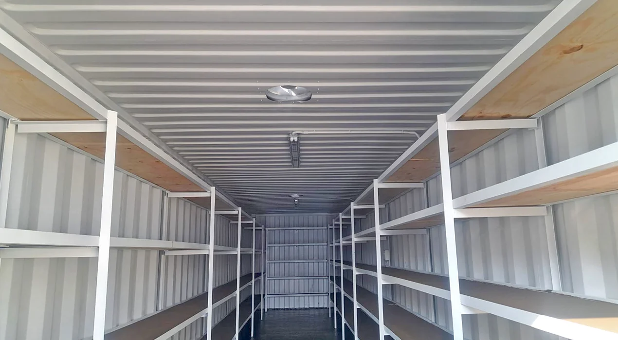 Interior of containter with shelving
